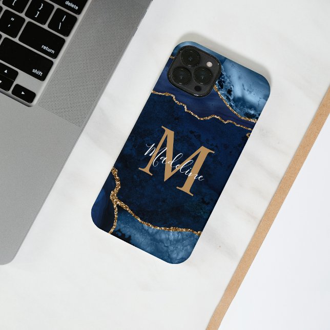 Coque iPhone Stylo Marine Blue Agate Geode Gold Script Monogram (Créateur téléchargé)