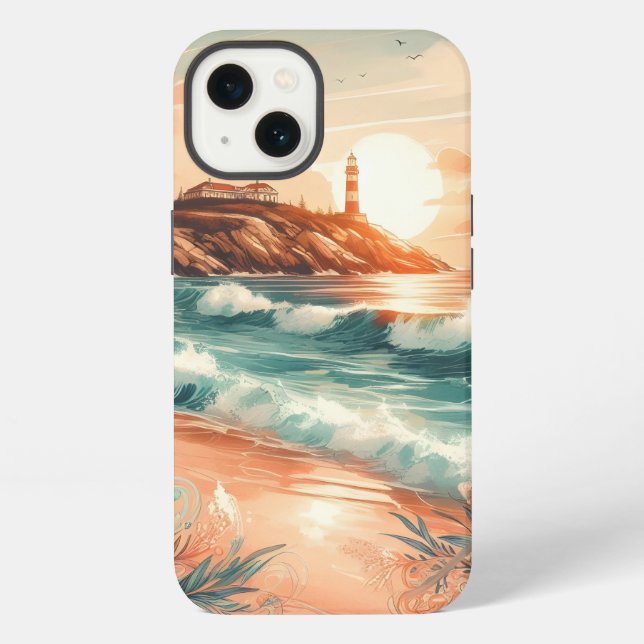 Coque iPhone Sunset Lighthouse Ocean Beach Boho Floral (Verso)