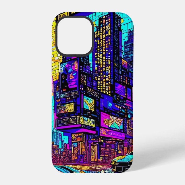 Coque iPhone Superbe Mosaïque Vitrail Neon Cyberpunk City (Verso)