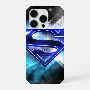 Coque iPhone 16 Pro Superman stylisé Logo cristal bleu blanc