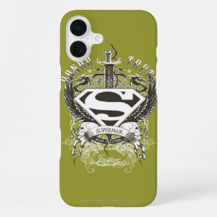 Coque iPhone 16 Plus Superman stylisé Logo Honneur, Vérité et Justice