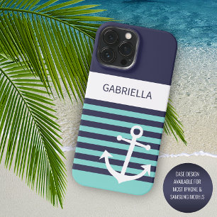 Coque iPhone 15 Pro Max Sur mesure Navy Bleu foncé Blanc Aqua Turquoise Ra