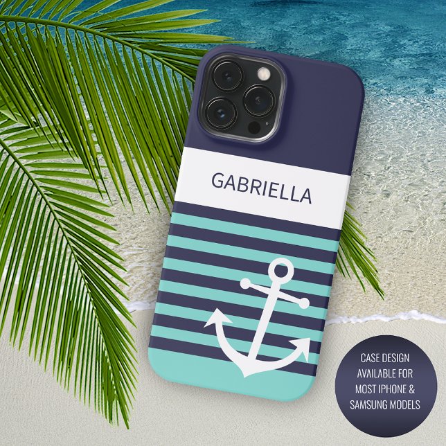 Coque iPhone Sur mesure Navy Bleu foncé Blanc Aqua Turquoise Ra (Créateur téléchargé)