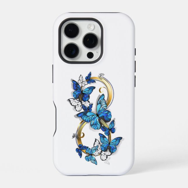 Coque iPhone Symbole infini de papillons Morpho bleus (Verso)