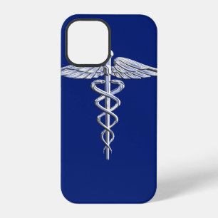 Coque iPhone 12 Pro Symbole médical caducée chromé sur fond bleu marin