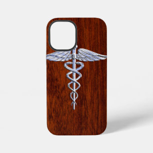 Coque iPhone 12 Mini Symbole médical caducée en acajou de style chrome