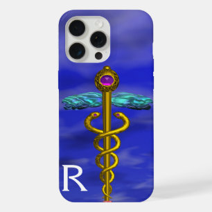 Coque iPhone 15 Pro Max SYMBOLE MÉDICAL CADUCÉE OR Cadre Bleu Ciel Monogra