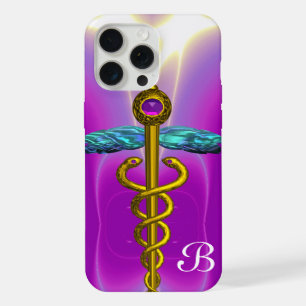Coque iPhone 15 Pro Max SYMBOLE MÉDICAL CADUCÉE OR Monogramme Violet