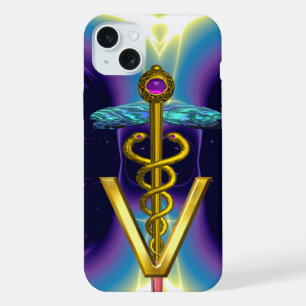 Coque iPhone 15 Plus SYMBOLE VÉTÉRINAIRE DE CADUCE D'OR / Bleu pourpre