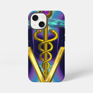 Etui iPhone 13 Mini SYMBOLE VÉTÉRINAIRE DE CADUCE D'OR / Bleu pourpre
