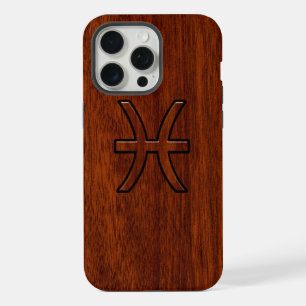 Coque iPhone 15 Pro Max Symbole zioaque Pisces Symbole Brown en bois d'aca