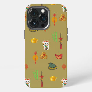 Etui iPhone 13 Pro Symboles Fengshui Bonne Chance, Argent et Abondanc