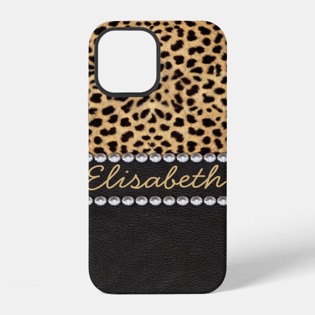 Coque iPhone Tache de léopard Rhinestone Diamants Ajouter Nom (Verso)