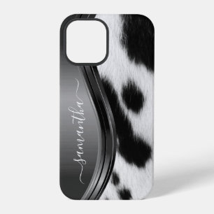 Coque iPhone 12 Pro Taches de fourrure de vache Nom manuscrit Métal