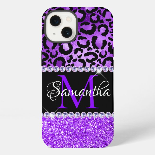 Coque iPhone Taches de léopard noir et violet Glam Monogramme (Verso)
