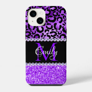 Coque Pour iPhone 14 Taches de léopard noir et violet Glam Monogramme