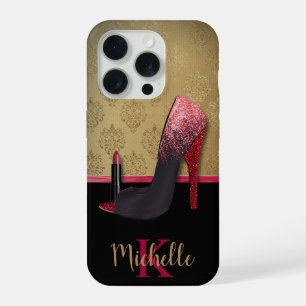 Coque iPhone 15 Pro Talons Pailletés Élégants, Rouge à Lèvres et Monog