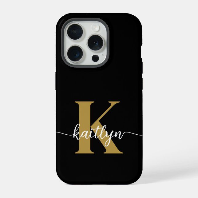Coque iPhone Tapis de sol monogrammé en noir et or (Verso)