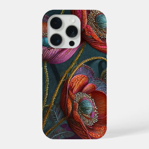Coque iPhone 15 Pro Tapisserie élégante de pavot, rouge royal et viole