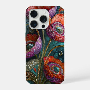 Coque iPhone 15 Pro Tapisserie élégante de pavot, rouge royal et viole