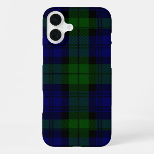Coque iPhone 16 Plus Tartan Black Watch bleu vert à carreaux