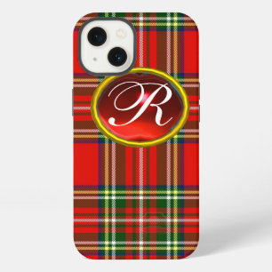 ETUI iPhone 13 TARTAN ÉCOSSAIS ET MONOGRAMME DE GEMME RUBIS ROUGE