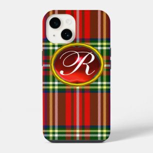 COQUE POUR iPhone 14 TARTAN ÉCOSSAIS ET MONOGRAMME DE GEMME RUBIS ROUGE