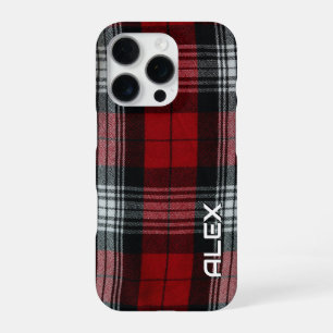 Coque iPhone 16 Pro Tartan noir et blanc rouge - Tissu plaqué classiqu