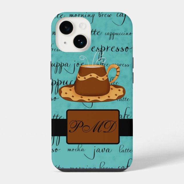 Coque iPhone Tasse à café Monogramme Nom Turquoise (Verso)