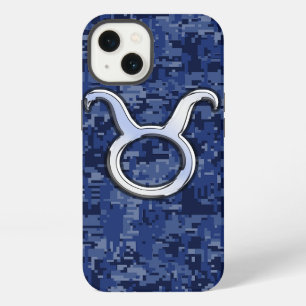 Etui iPhone 13 Taureau Zodiaque sur camouflage numérique bleu mar