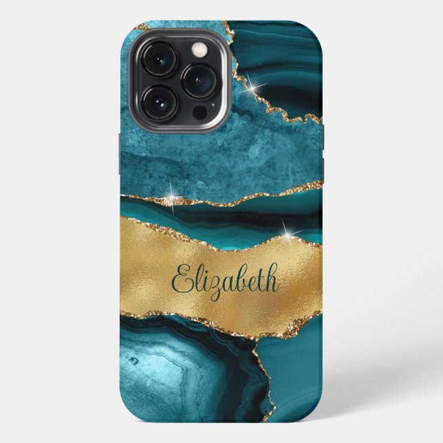 Coque iPhone Teal et Or Moderne Agate Monogramme (Verso)