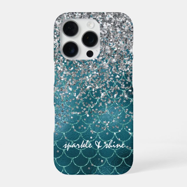 Coque iPhone Teal Silver Sparkle Mermaid personalized (Verso)