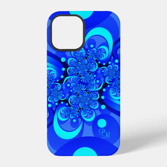 Coque iPhone Teintes bleues, initiales d'art fractal abstrait m (Verso)