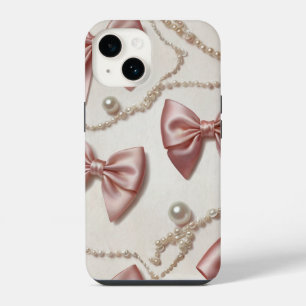 Coque Pour iPhone 14 Téléphone à rubans roses et perles esthétique Coqu