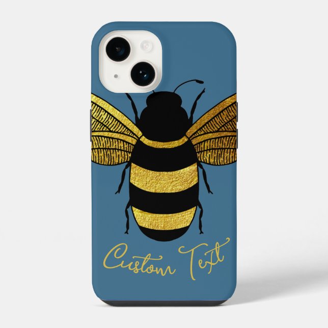 COQUE iPhone TEXTE DE SCRIPT ABEILLE BOURDON NOIR OR BLEU DENIM (Verso)