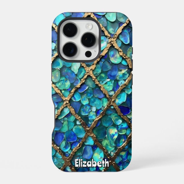 Coque iPhone Texture de grille Aqua et Or (Verso)