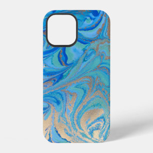 Coque iPhone 12 Texture de liquide bleu et doré