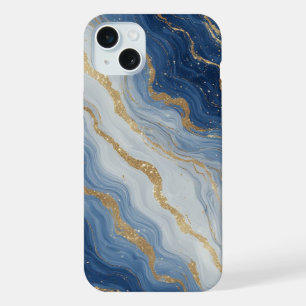Coque iPhone 15 Plus Texture de marbre bleu et or abstrait
