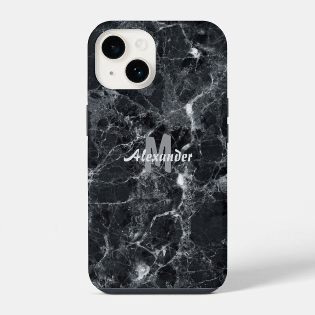 Coque iPhone Texture de marbre noir avec monogramme (Verso)