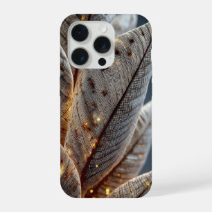 Coque iPhone 15 Pro Texture de plume et de feuille de Glow doré