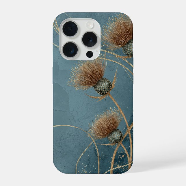 Coque iPhone Texture Élégance Bleu Sarcelle Chardon Doré (Verso)