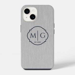 Coque Pour iPhone 14 Texture en métal brossé argenté de date de monogra