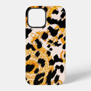 Coque iPhone 12 Texture léopard avec motif baroque doré
