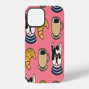 Coque iPhone 12 Thème bouledogue français, café, croissant.