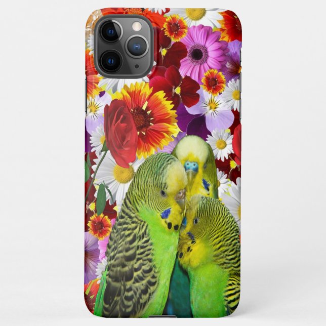 Coque iPhone three cute green Budgies with cloroful flower (Dos)