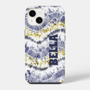 Coque Pour iPhone 14 Tie-Dye Personnalisée Bleue et Blanche