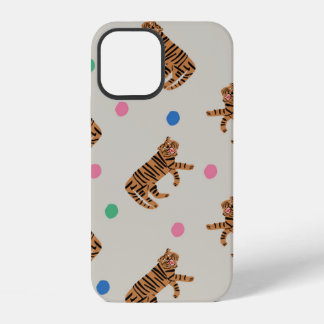 Coque iPhone 12 Tigre dessiné à la main vintage et pois colorés i