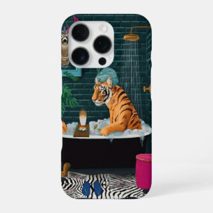 Coque iPhone 16 Pro Tigre Fantaisiste dans un Cas de Téléphone Bain Mo