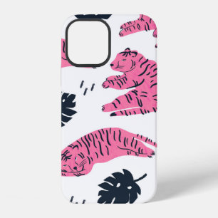 Coque iPhone 12 Tigre rose couché dans différentes positions. Feui