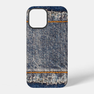 Coque iPhone 12 Tissu cadre en denim bleu. Tissu en jean délavé